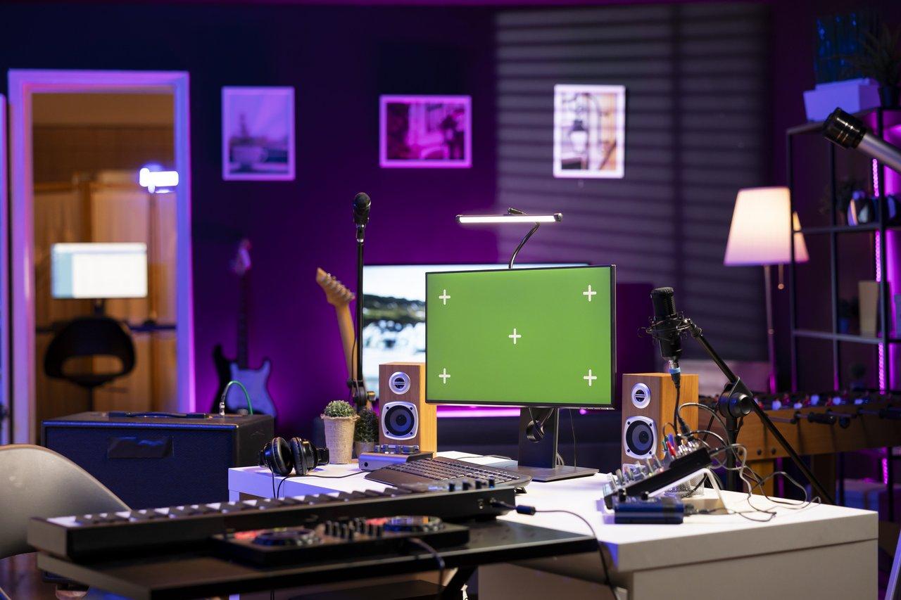 Un compact home recording studio aménagé avec matériel essentiel et traitement acoustique DIY.