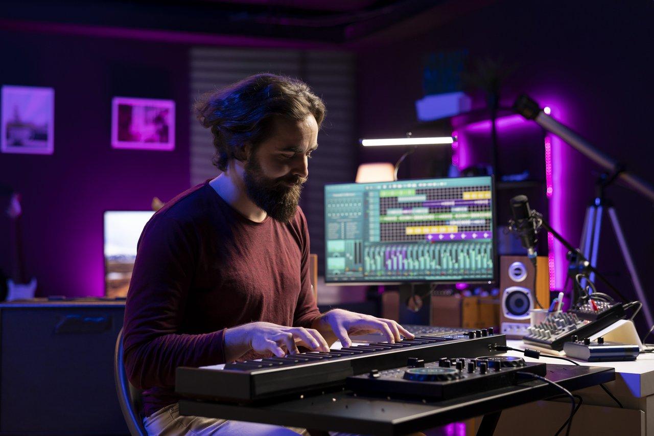 Une session de digital keyboard sound layering illustrée sur l'écran numérique, pour créer des textures musicales riches.